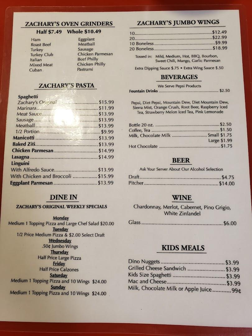 Zachary's Original Menu image 1
